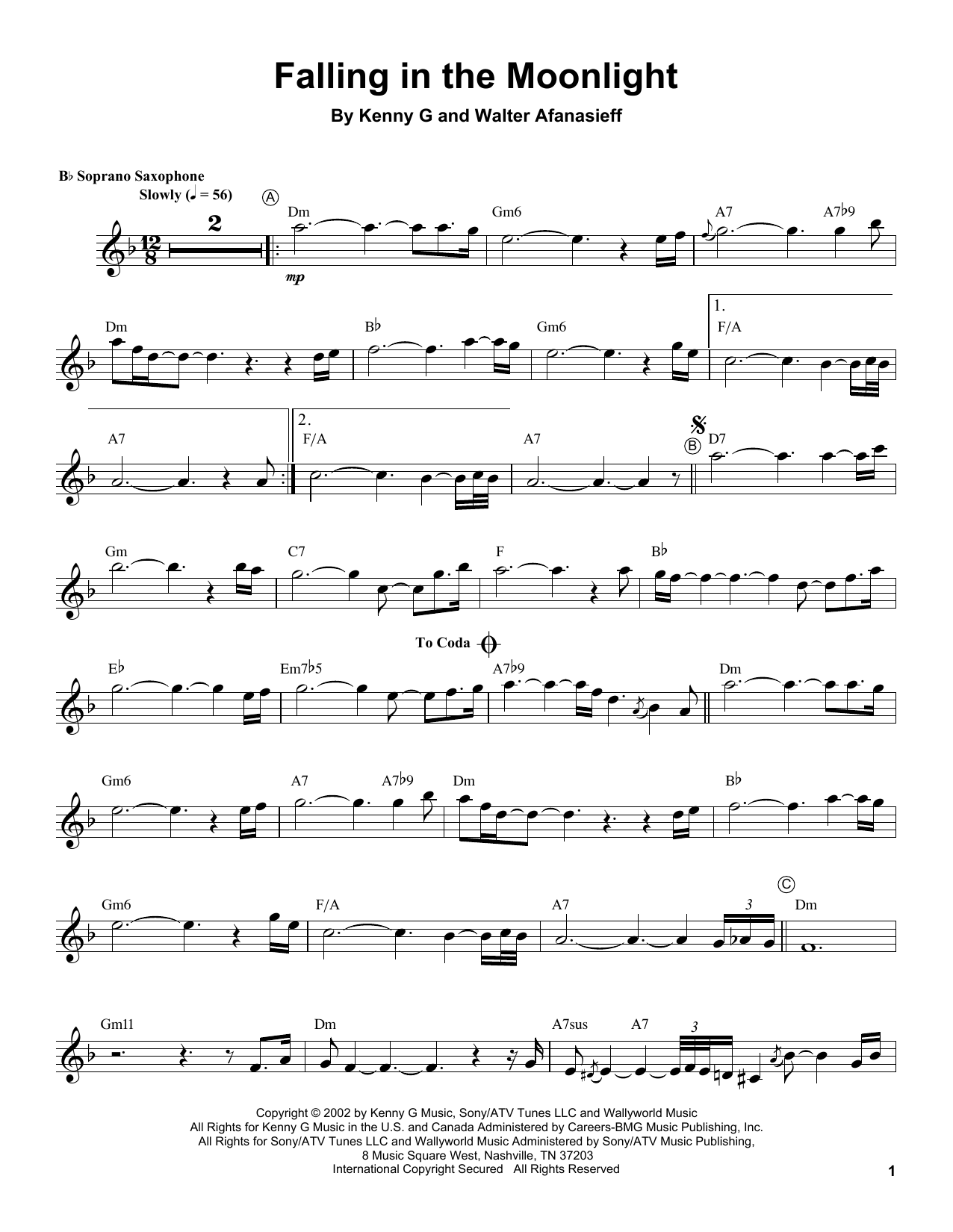 Kenny G Falling In The Moonlight sheet music notes and chords arranged for Soprano Sax Transcription