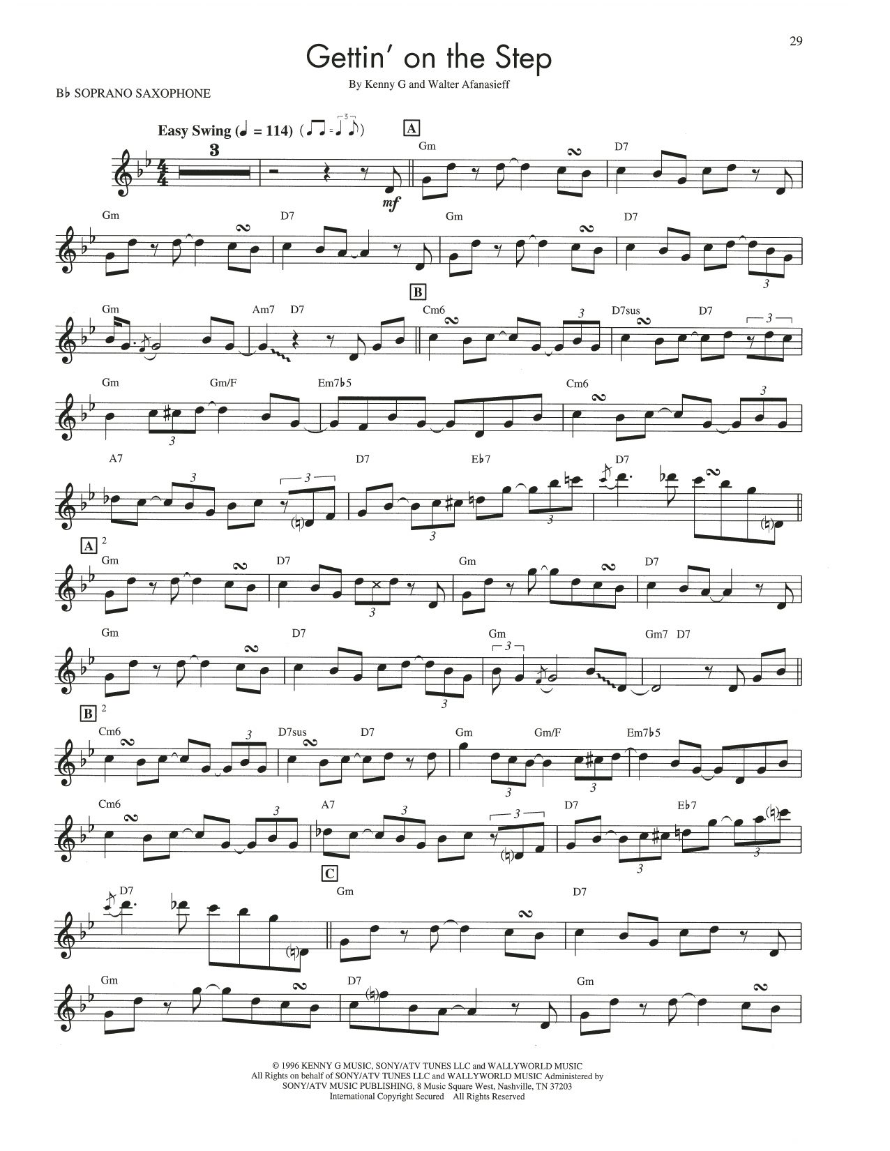 Kenny G Gettin' On The Step sheet music notes and chords arranged for Soprano Sax Transcription