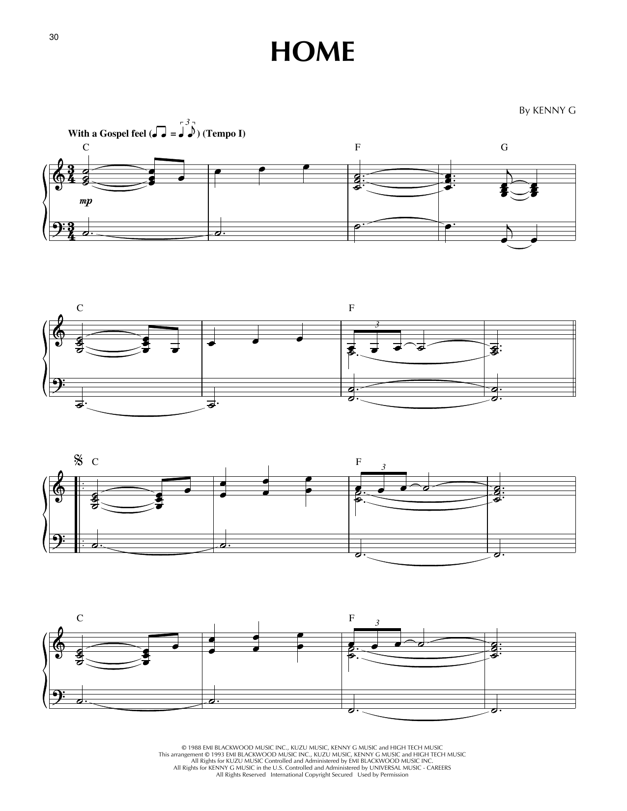 Kenny G Home (arr. Larry Moore) sheet music notes and chords arranged for Piano Solo