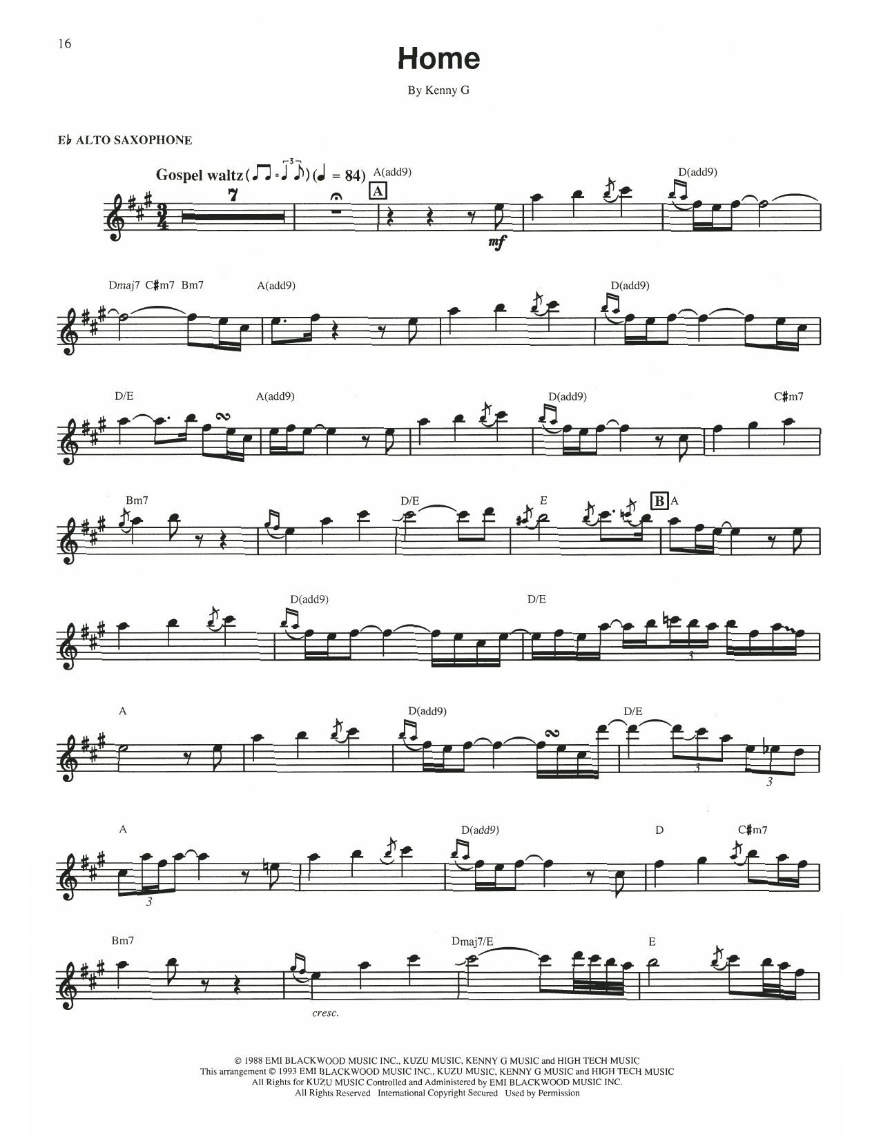 Kenny G Home sheet music notes and chords arranged for Alto Sax Transcription