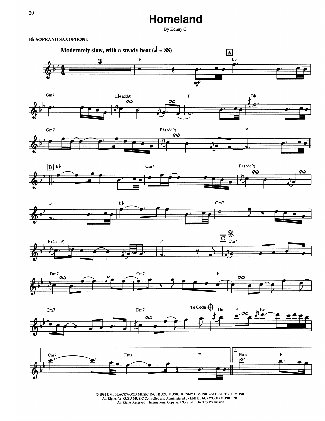 Kenny G Homeland sheet music notes and chords arranged for Soprano Sax Transcription
