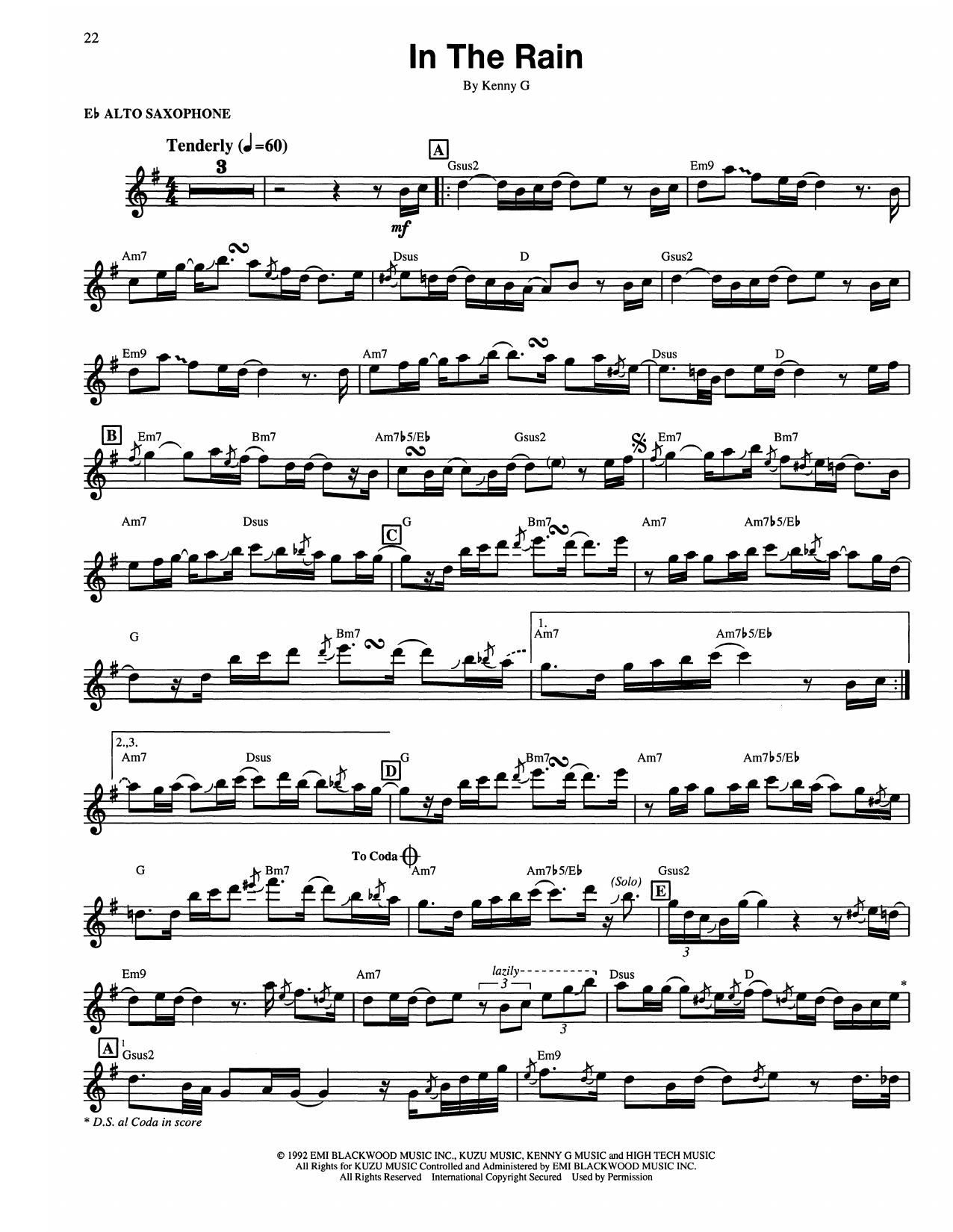 Kenny G In The Rain sheet music notes and chords arranged for Alto Sax Transcription