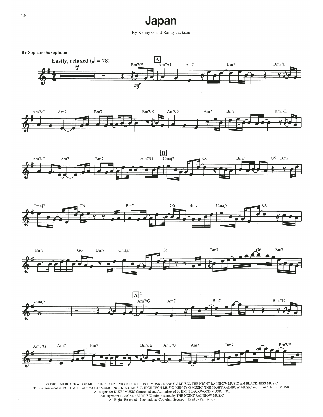 Kenny G Japan sheet music notes and chords arranged for Piano Solo