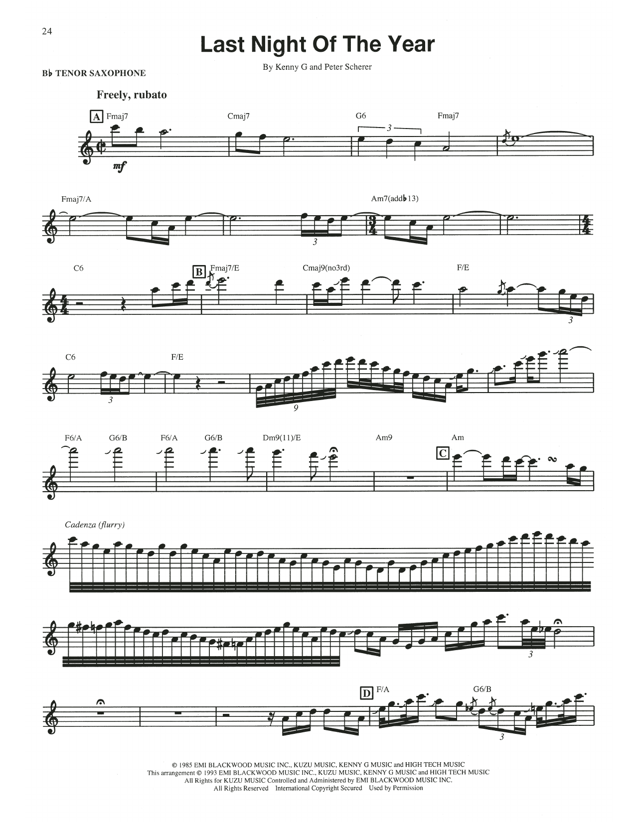 Kenny G Last Night Of The Year sheet music notes and chords arranged for Piano Solo