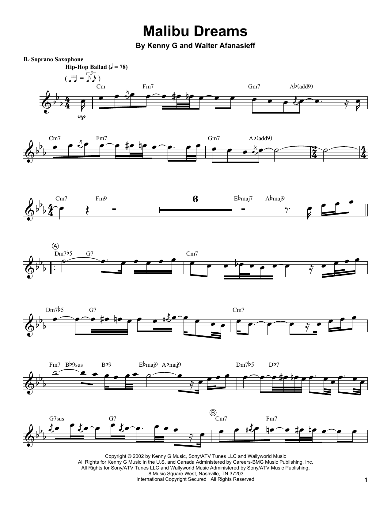 Kenny G Malibu Dreams sheet music notes and chords arranged for Soprano Sax Transcription