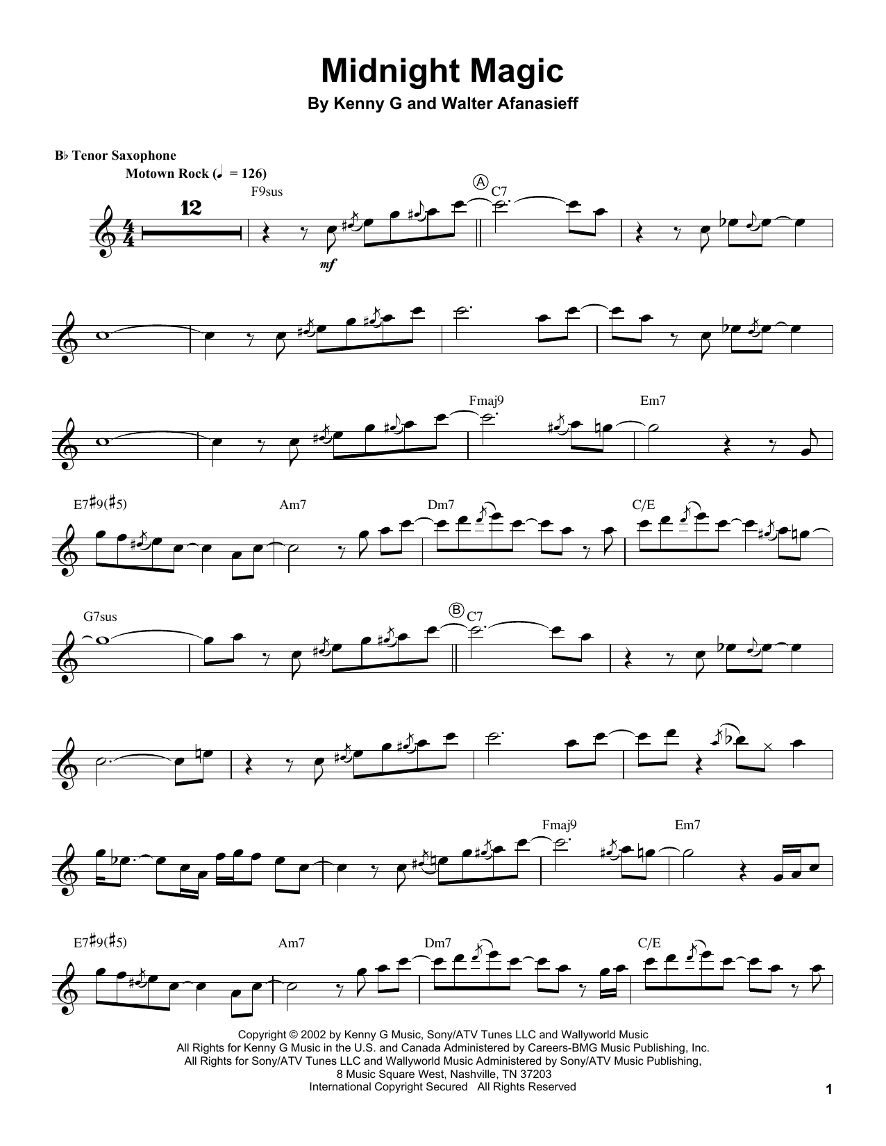 Kenny G Midnight Magic sheet music notes and chords arranged for Tenor Sax Transcription
