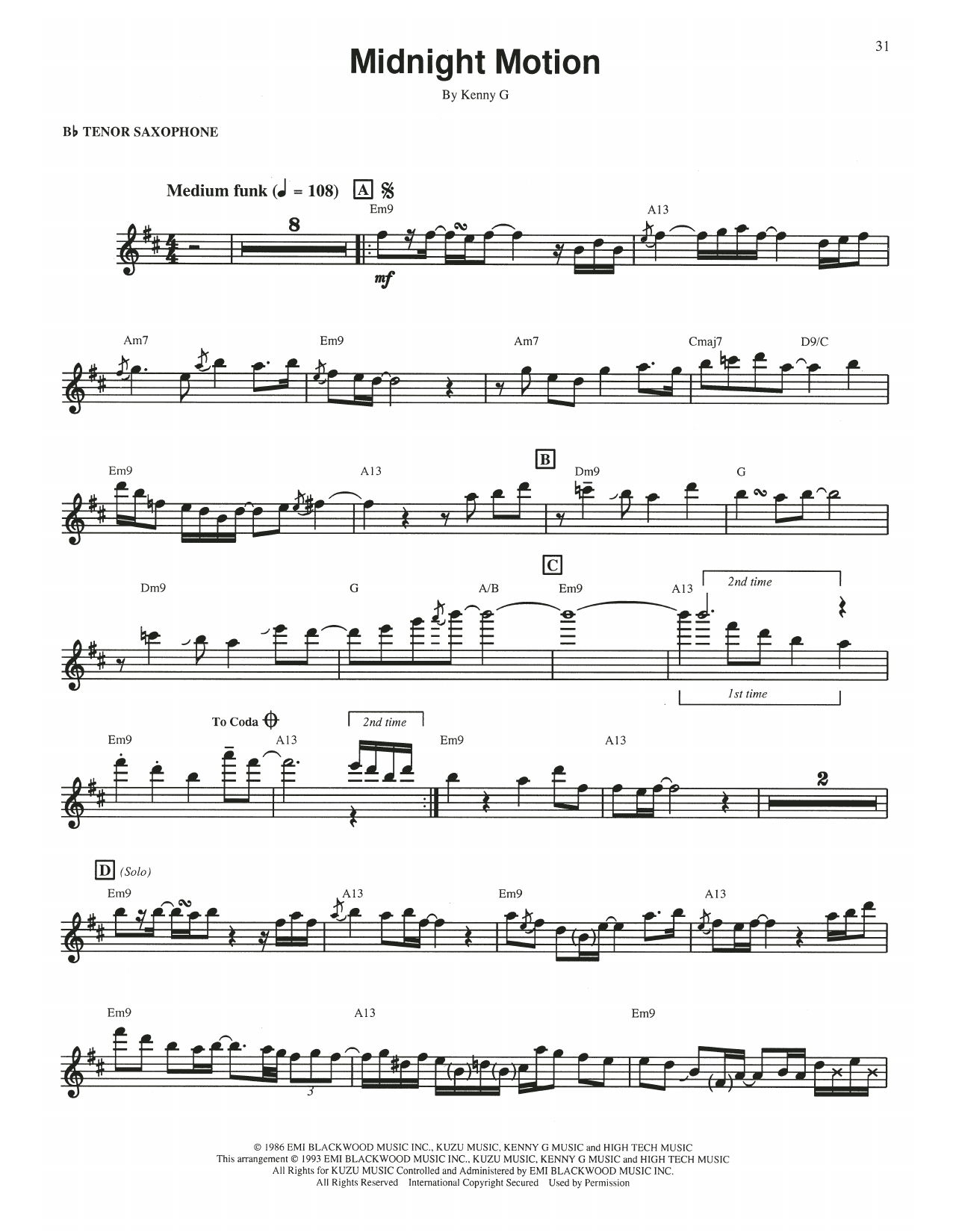 Kenny G Midnight Motion sheet music notes and chords arranged for Piano Solo