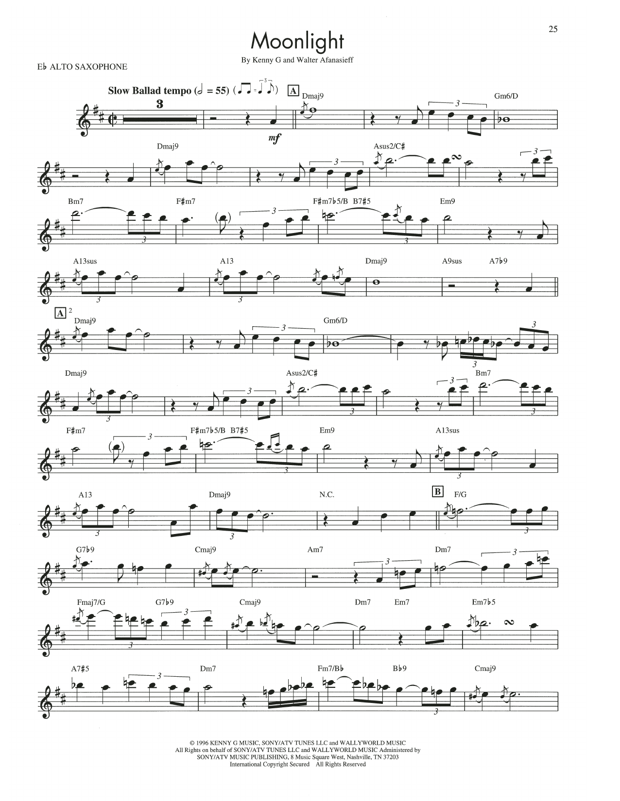 Kenny G Moonlight sheet music notes and chords arranged for Alto Sax Transcription