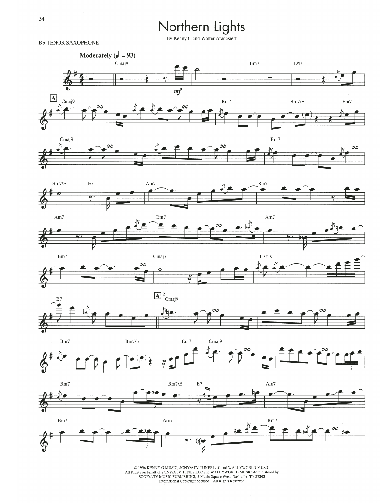 Kenny G Northern Lights sheet music notes and chords arranged for Tenor Sax Transcription