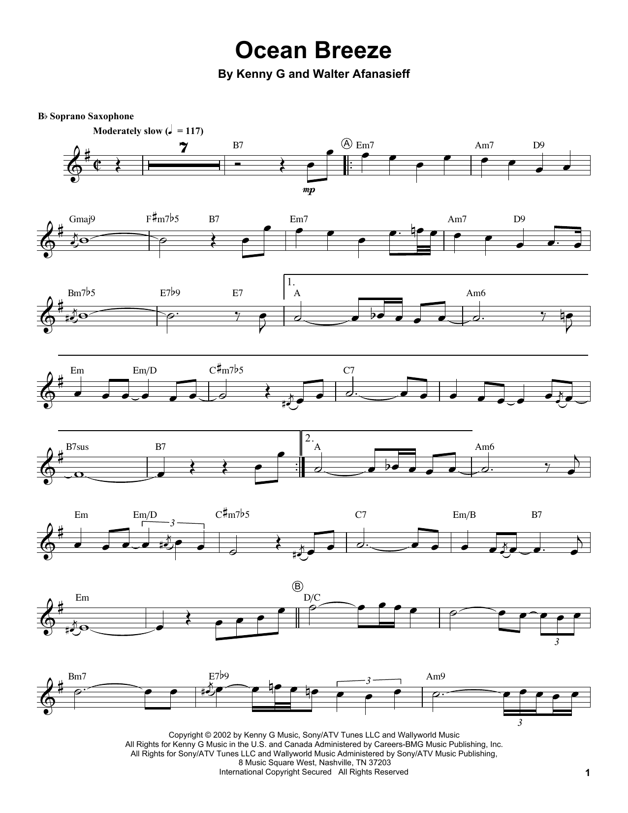 Kenny G Ocean Breeze sheet music notes and chords arranged for Soprano Sax Transcription