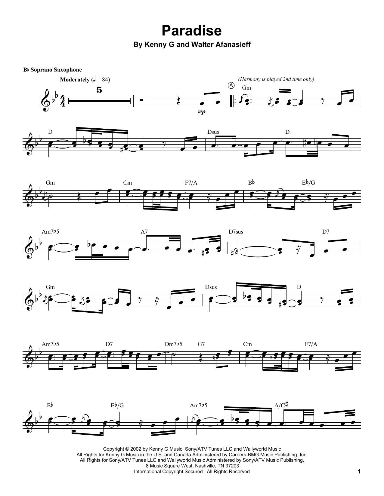 Kenny G Paradise sheet music notes and chords arranged for Soprano Sax Transcription