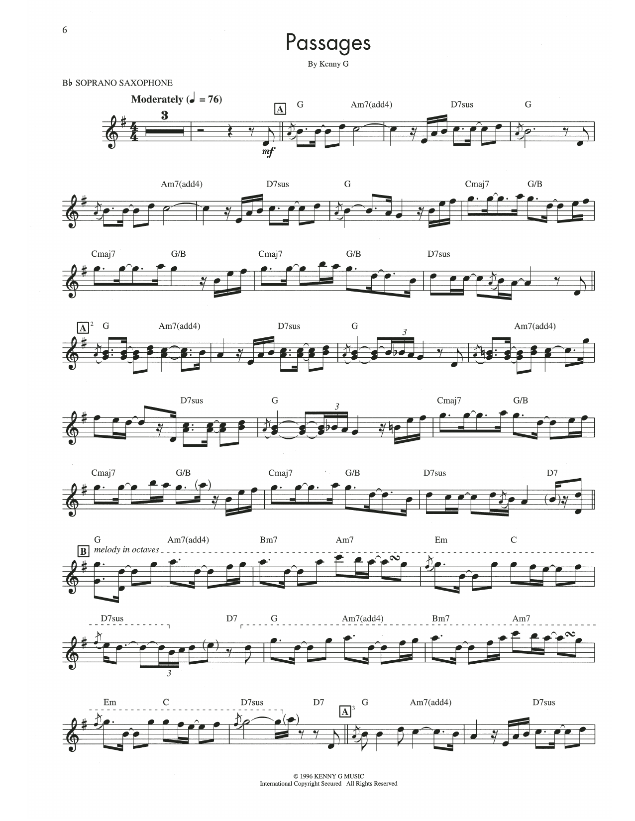 Kenny G Passages sheet music notes and chords arranged for Soprano Sax Transcription