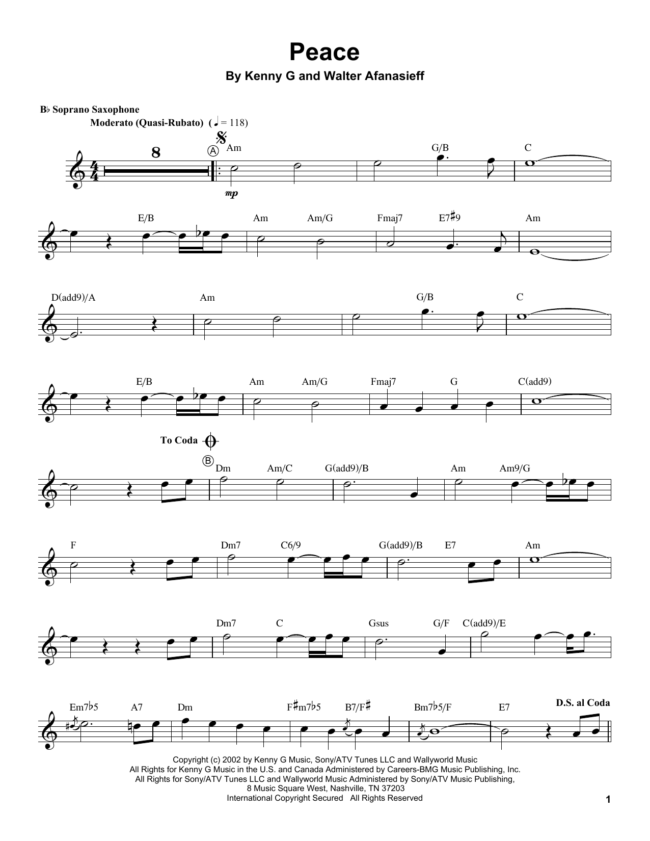 Kenny G Peace sheet music notes and chords arranged for Soprano Sax Transcription