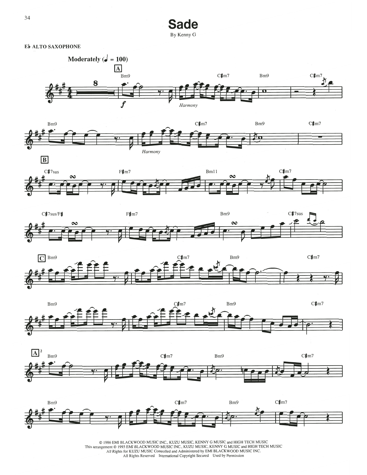 Kenny G Sade sheet music notes and chords arranged for Piano Solo