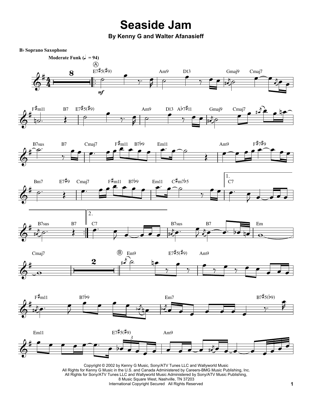 Kenny G Seaside Jam sheet music notes and chords arranged for Soprano Sax Transcription