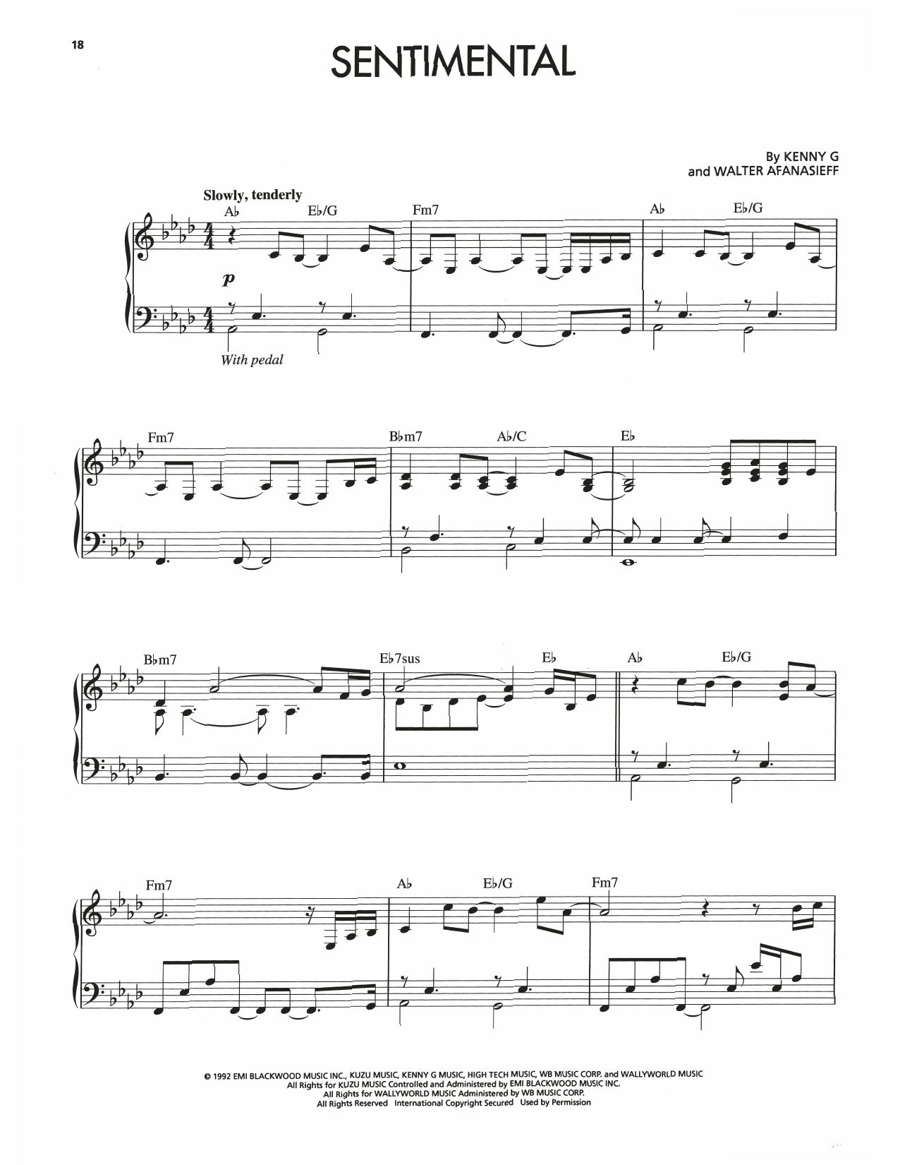 Kenny G Sentimental sheet music notes and chords arranged for Piano Solo