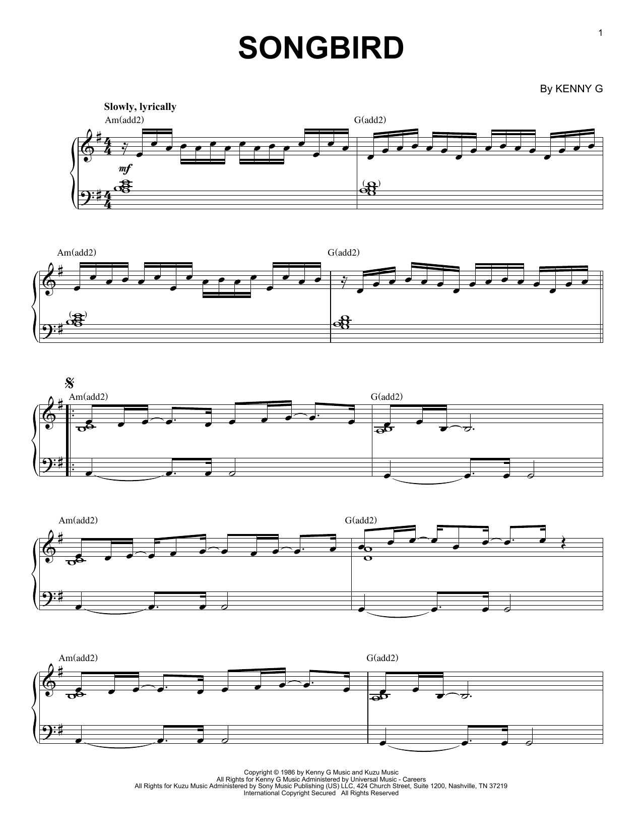 Kenny G Songbird (arr. Larry Moore) sheet music notes and chords arranged for Piano Solo