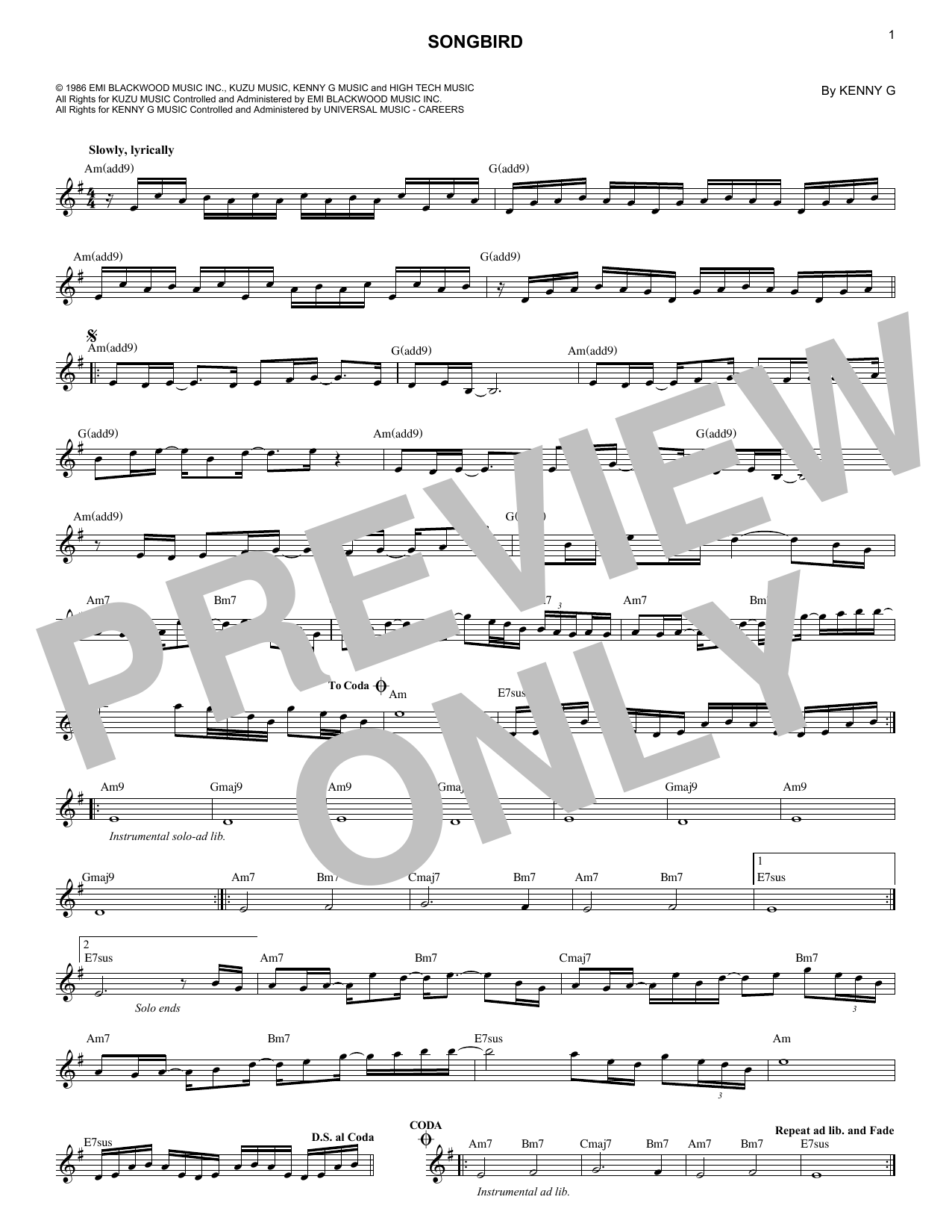 Kenny G Songbird sheet music notes and chords arranged for Trombone Solo