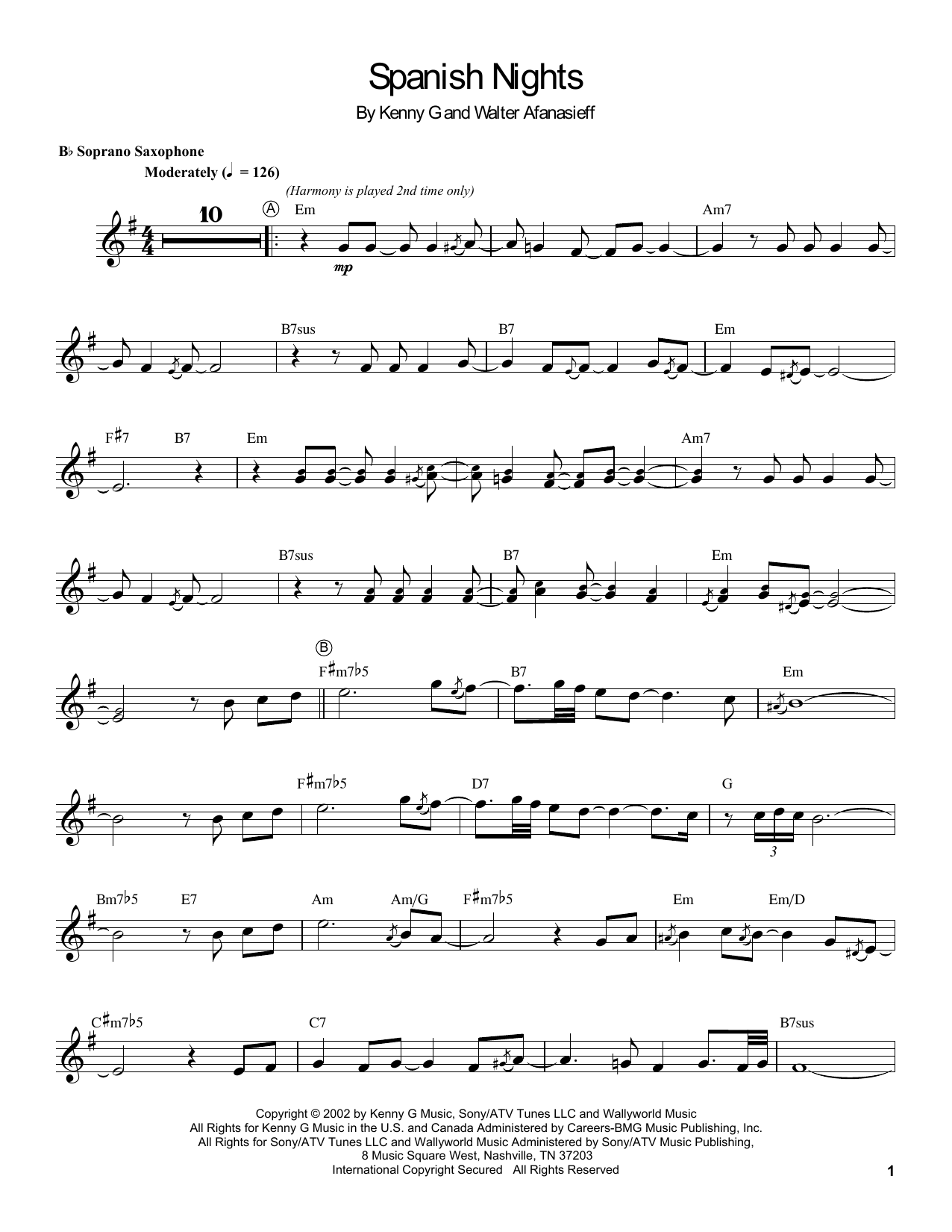 Kenny G Spanish Nights sheet music notes and chords arranged for Soprano Sax Transcription