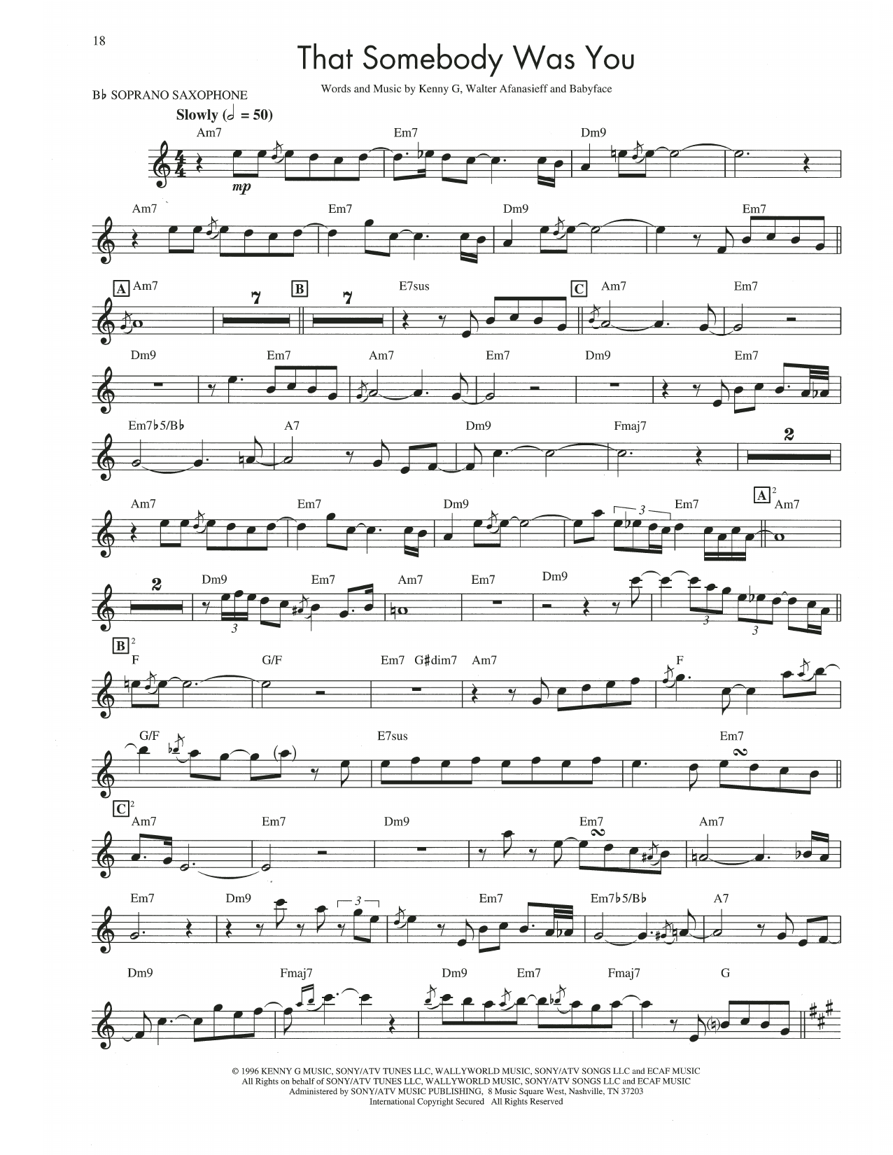 Kenny G That Somebody Was You sheet music notes and chords arranged for Soprano Sax Transcription