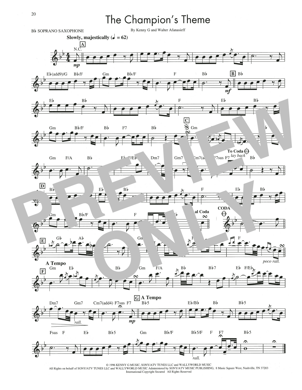Kenny G The Champion's Theme sheet music notes and chords arranged for Soprano Sax Transcription