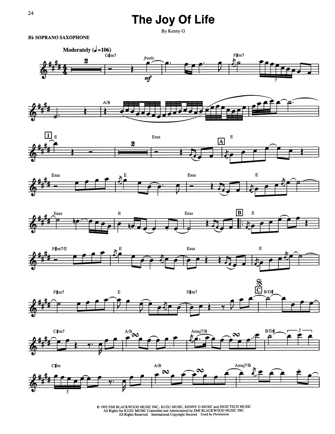 Kenny G The Joy Of Life sheet music notes and chords arranged for Soprano Sax Transcription
