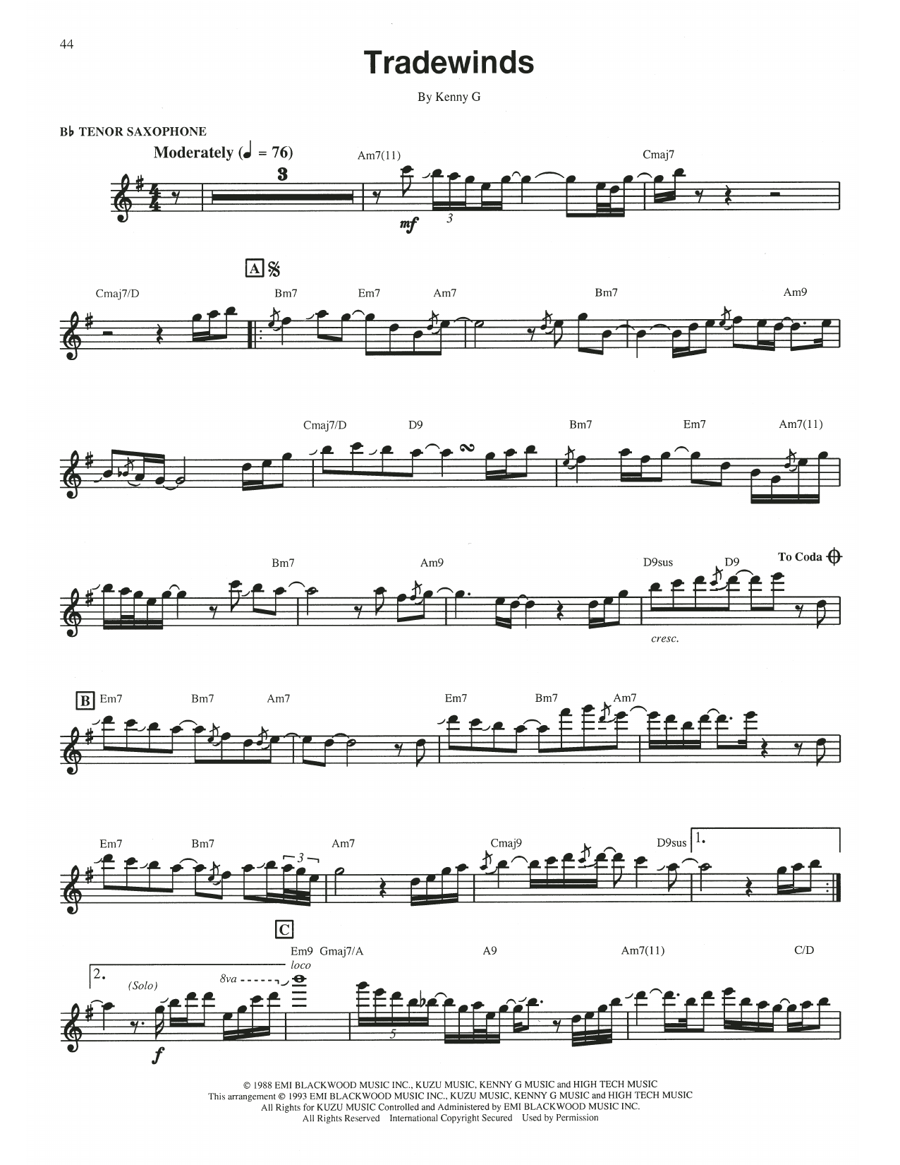 Kenny G Tradewinds sheet music notes and chords arranged for Piano Solo