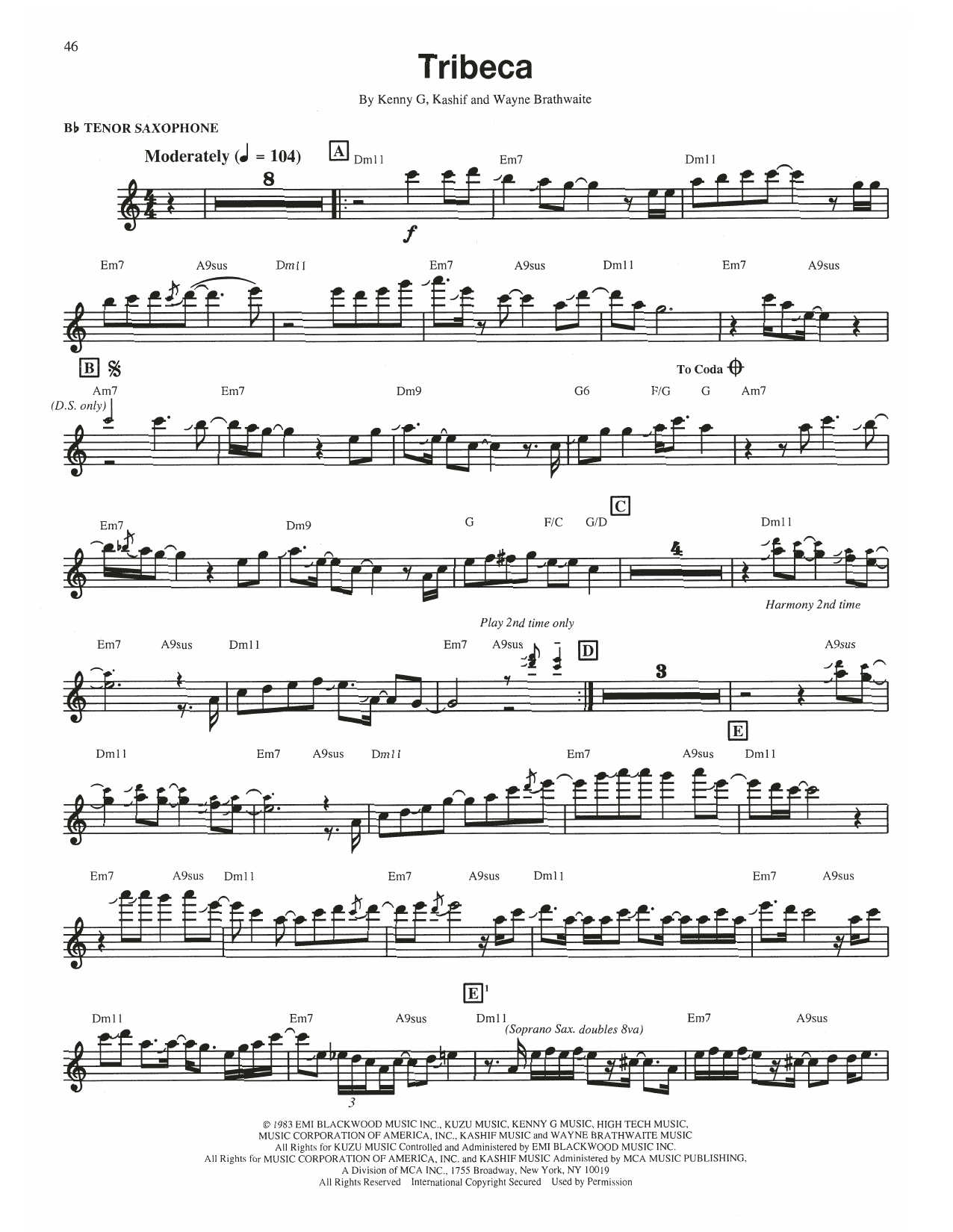 Kenny G Tribeca sheet music notes and chords arranged for Piano Solo