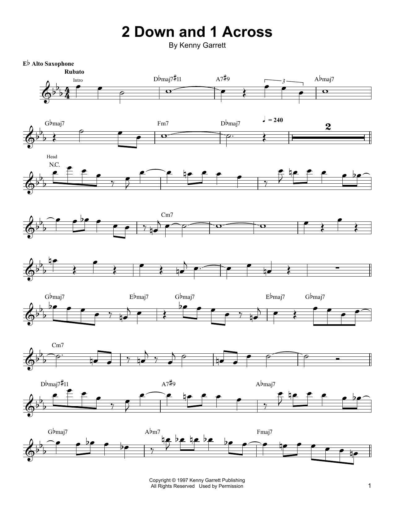 Kenny Garrett 2 Down And 1 Across sheet music notes and chords arranged for Alto Sax Transcription
