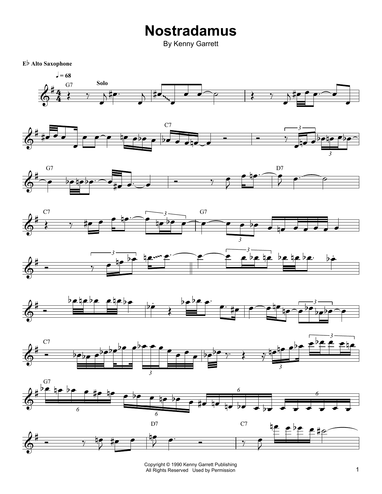 Kenny Garrett Nostradamus sheet music notes and chords arranged for Alto Sax Transcription