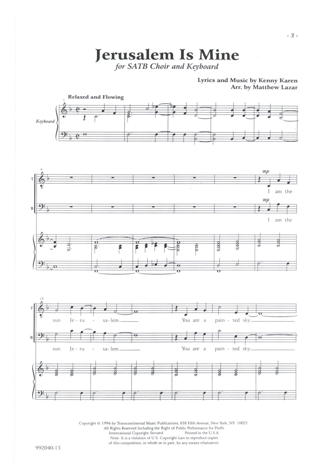 Kenny Karen Jerusalem Is Mine (arr. Matthew Lazar) sheet music notes and chords arranged for SATB Choir