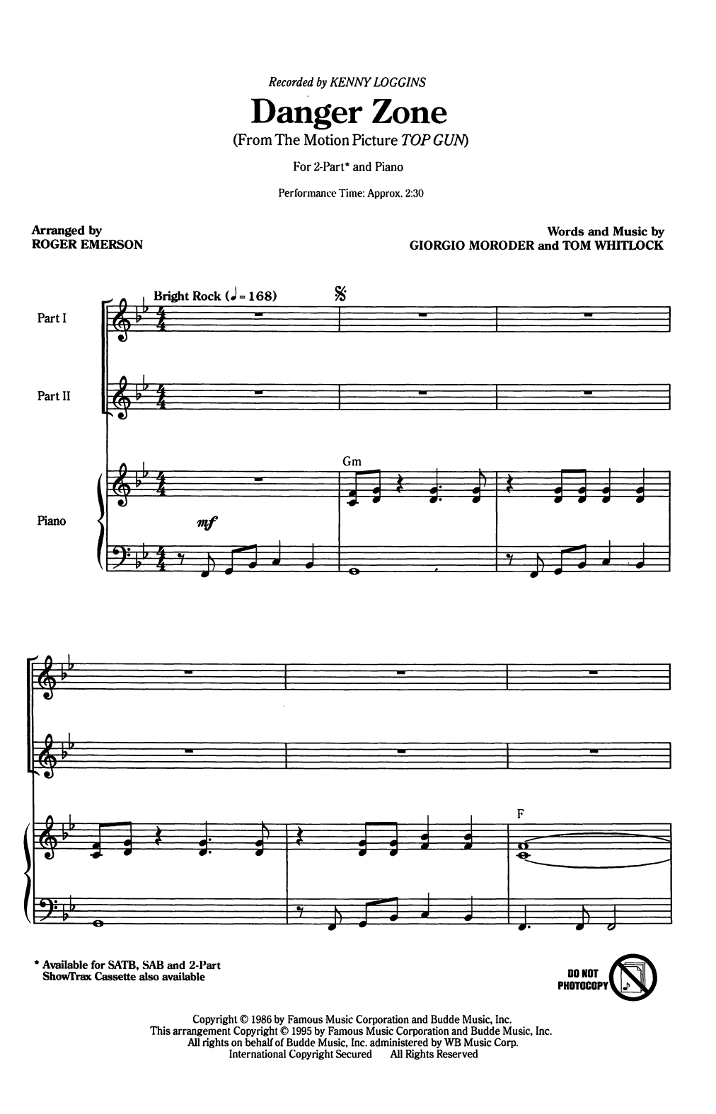 Kenny Loggins Danger Zone (arr. Roger Emerson) sheet music notes and chords arranged for SATB Choir
