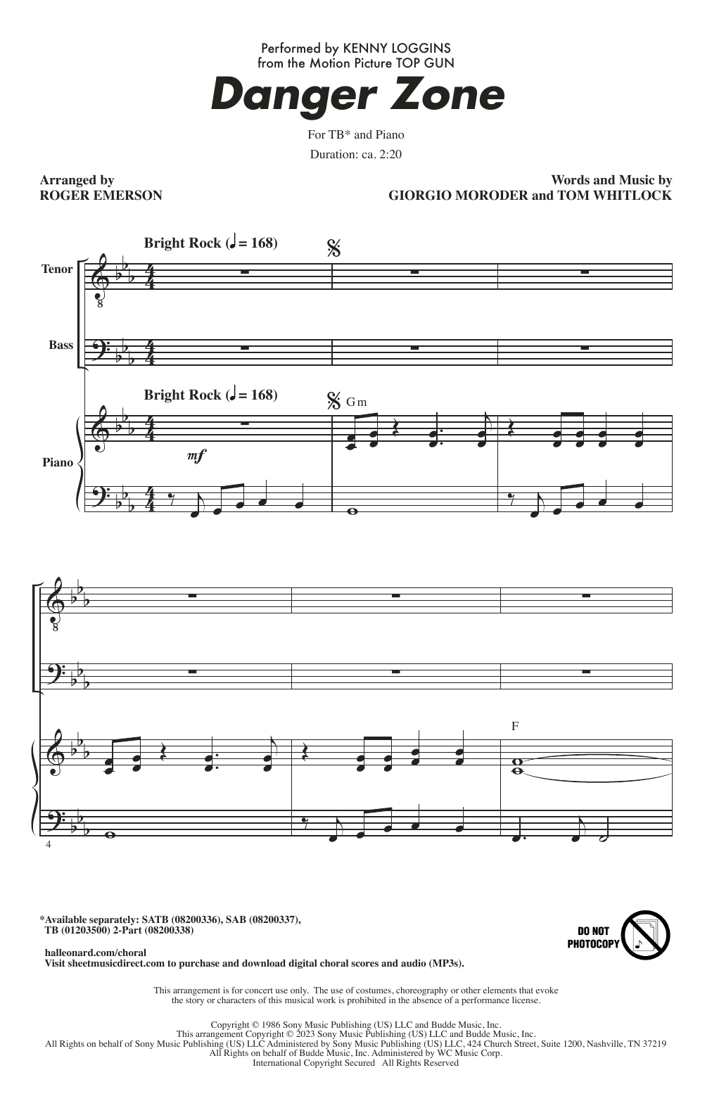 Kenny Loggins Danger Zone (from Top Gun) (arr. Roger Emerson) sheet music notes and chords arranged for TB Choir