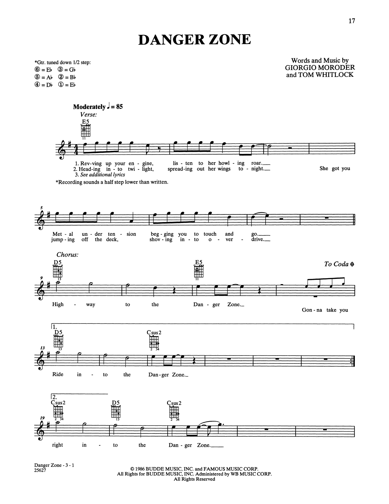 Kenny Loggins Danger Zone (from Top Gun) sheet music notes and chords arranged for Easy Guitar