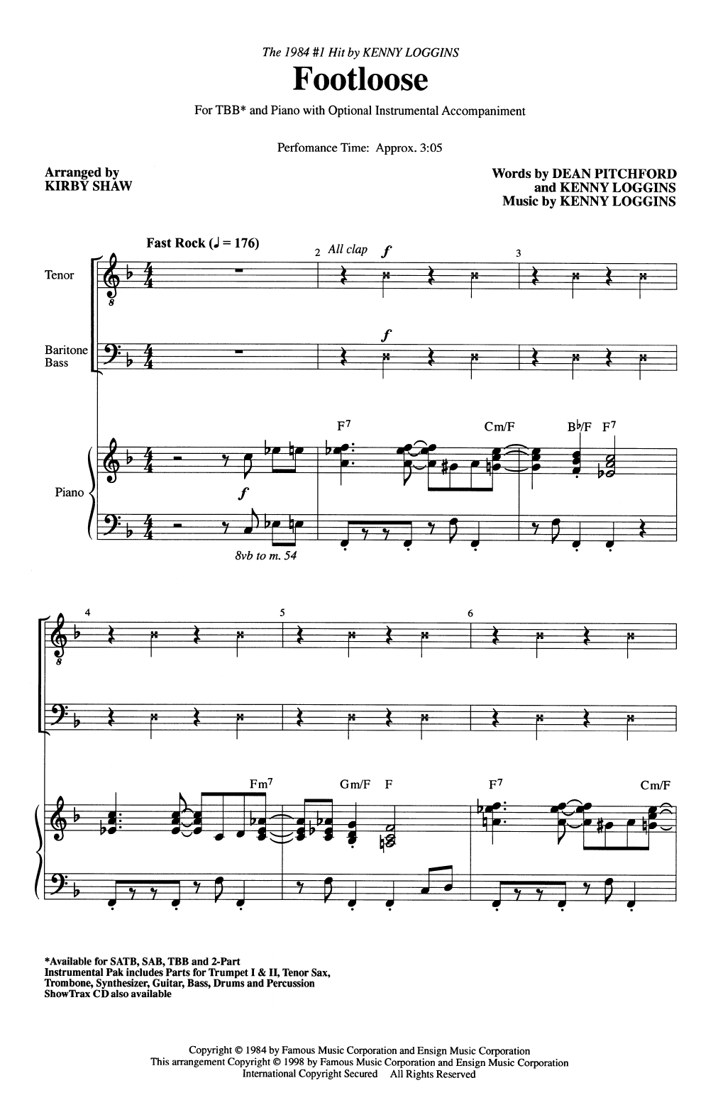 Kenny Loggins Footloose (arr. Kirby Shaw) sheet music notes and chords arranged for TBB Choir