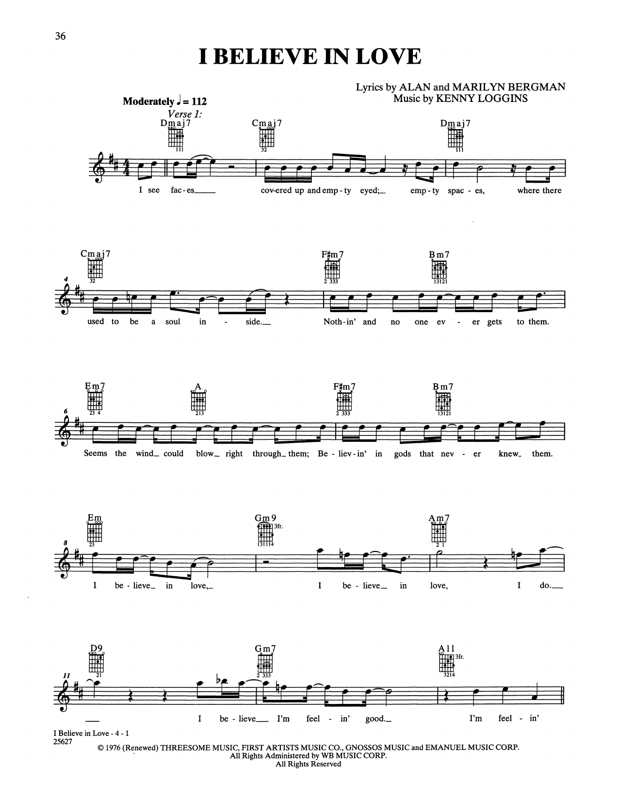 Kenny Loggins I Believe In Love sheet music notes and chords arranged for Easy Guitar