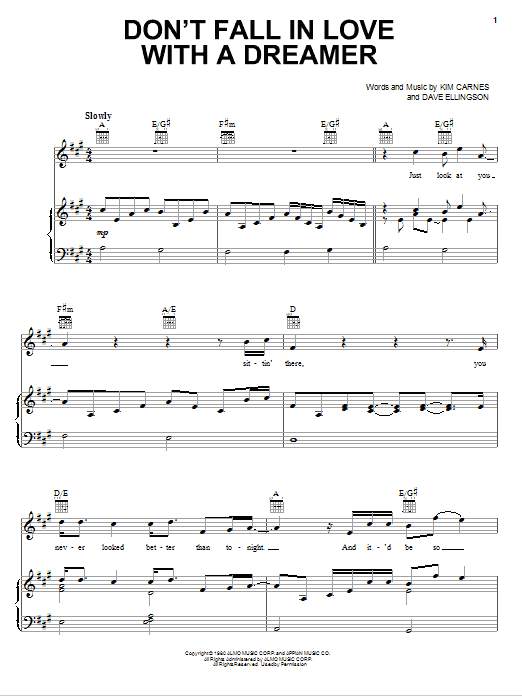 Kenny Rogers & Kim Carnes Don't Fall In Love With A Dreamer sheet music notes and chords arranged for Guitar Chords/Lyrics