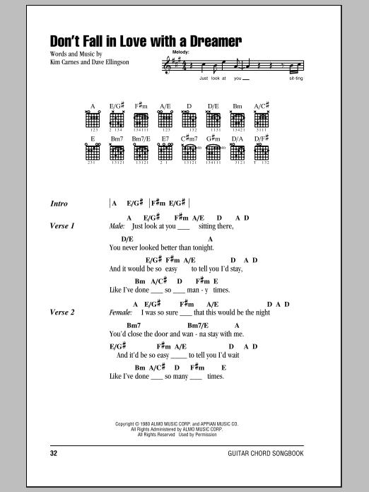Kenny Rogers & Kim Carnes Don't Fall In Love With A Dreamer sheet music notes and chords arranged for Guitar Chords/Lyrics