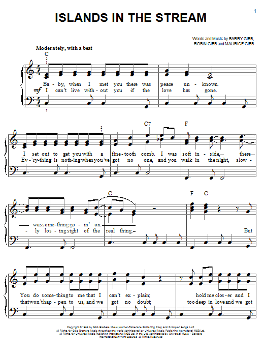 Kenny Rogers and Dolly Parton Islands In The Stream sheet music notes and chords arranged for Easy Piano