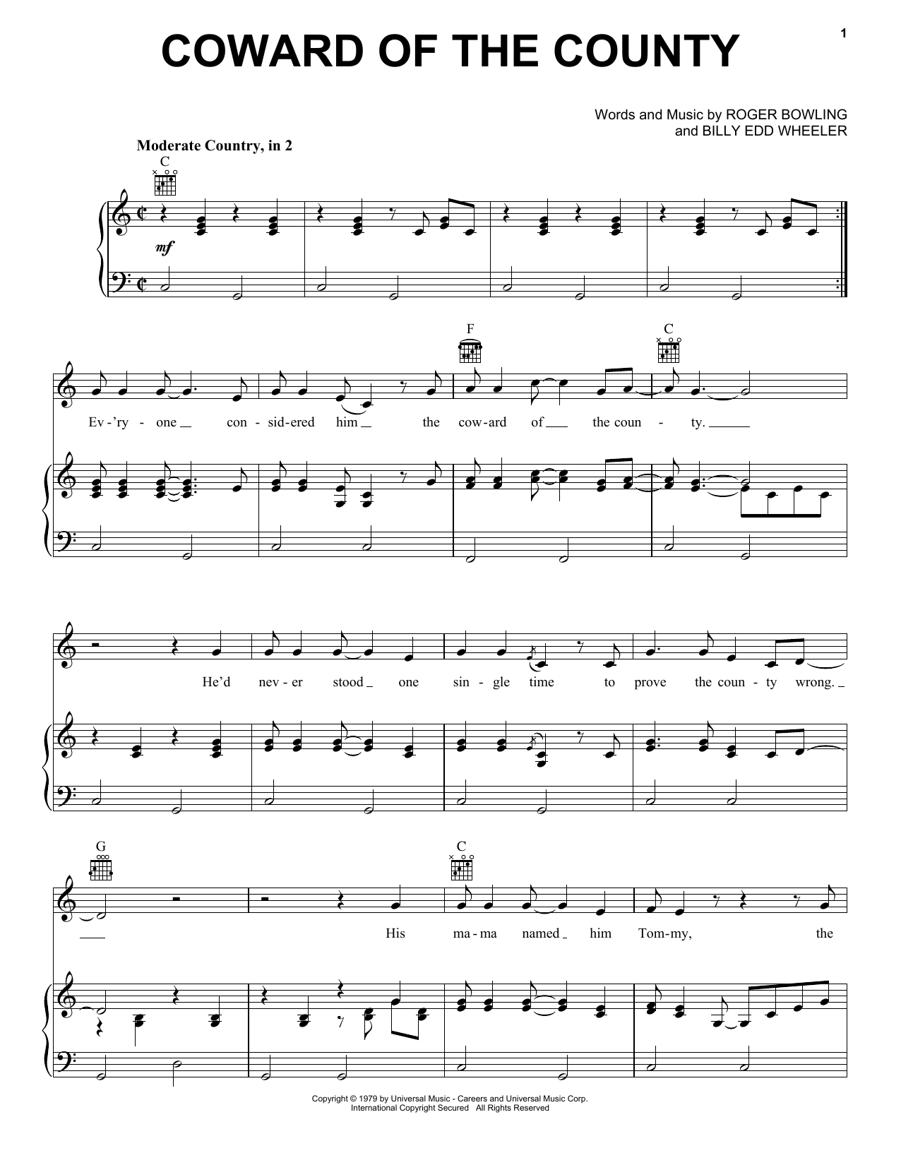 Kenny Rogers Coward Of The County sheet music notes and chords arranged for Easy Guitar