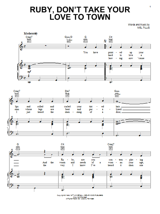 Kenny Rogers Ruby, Don't Take Your Love To Town sheet music notes and chords arranged for Super Easy Piano