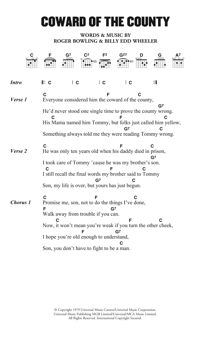 Kenny Rogers The Coward of the County sheet music notes and chords arranged for Guitar Chords/Lyrics