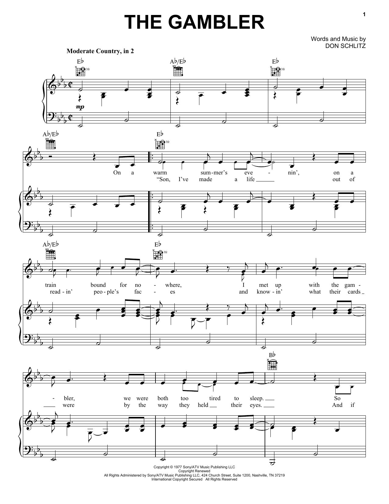 Kenny Rogers The Gambler sheet music notes and chords arranged for Super Easy Piano