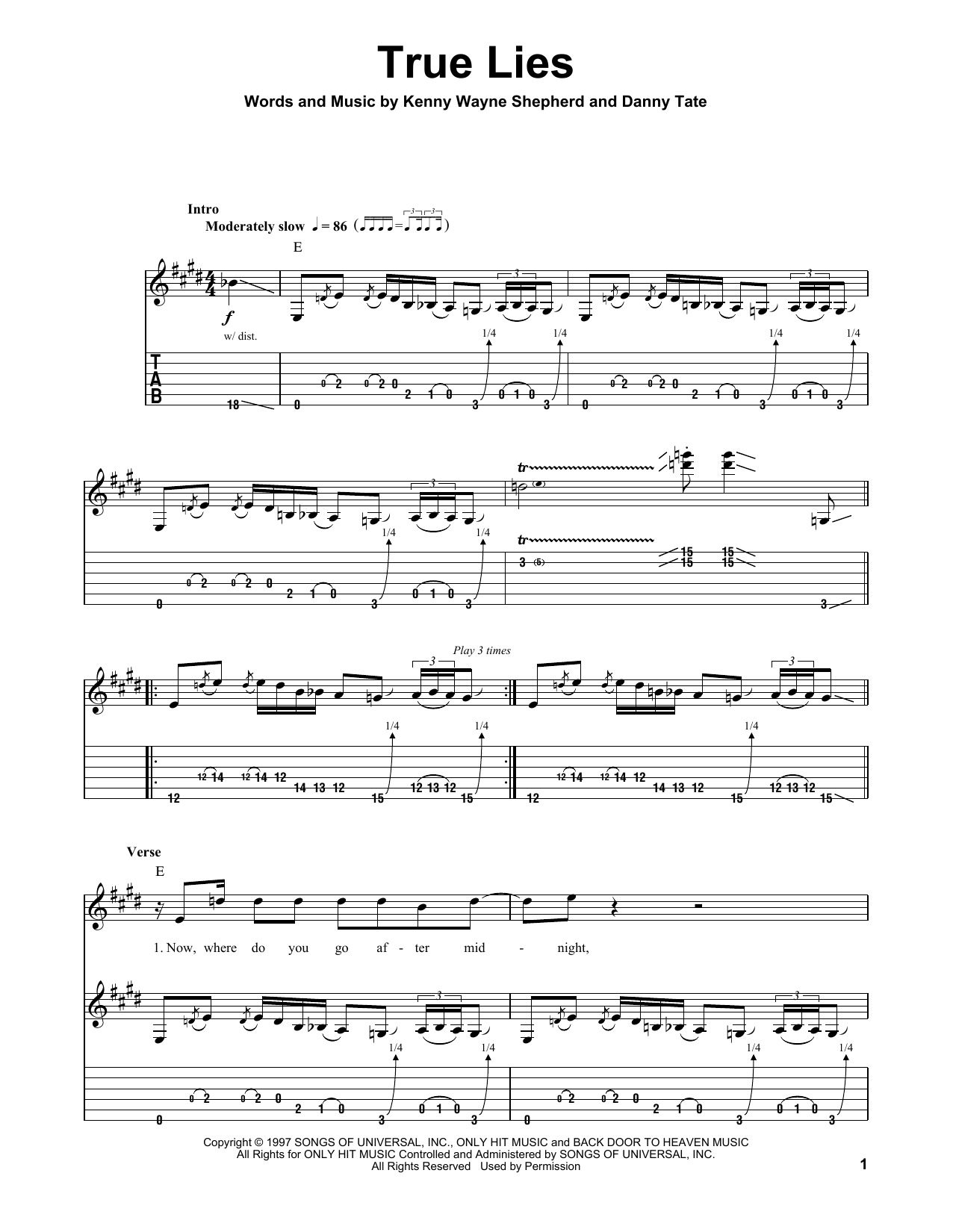 Kenny Wayne Shepherd True Lies sheet music notes and chords arranged for Guitar Tab (Single Guitar)