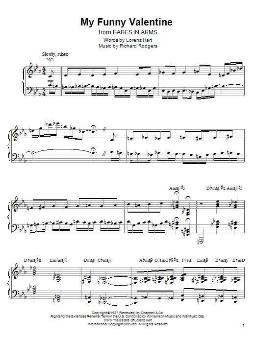 Kenny Werner My Funny Valentine sheet music notes and chords arranged for Piano Transcription