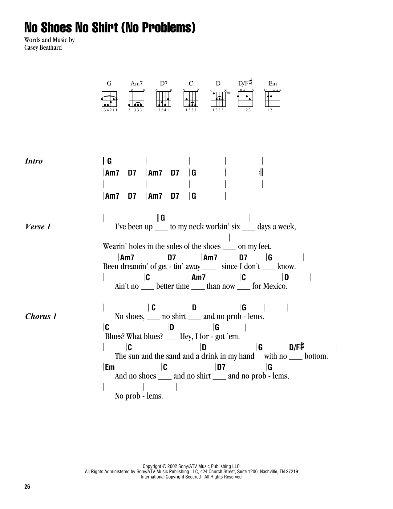 Kenny Chesney No Shoes No Shirt (No Problems) sheet music notes and chords arranged for Guitar Chords/Lyrics