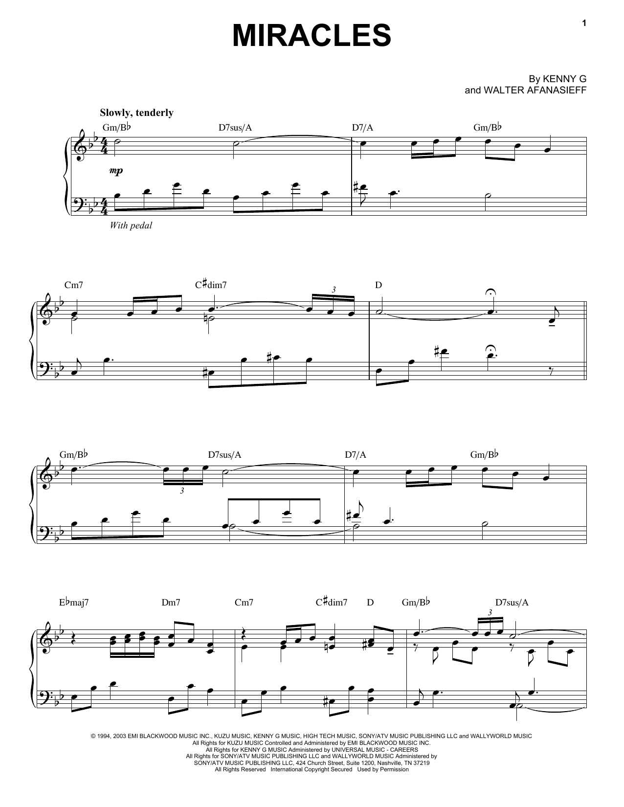 Kenny G Miracles sheet music notes and chords arranged for Piano Solo