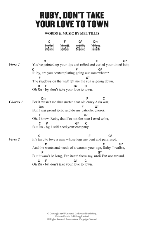 Kenny Rogers & The First Edition Ruby, Don't Take Your Love To Town sheet music notes and chords arranged for Guitar Chords/Lyrics