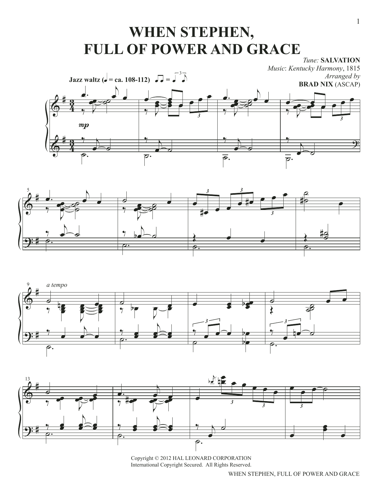 Kentucky Harmony When Stephen, Full Of Power And Grace (arr. Brad Nix) sheet music notes and chords arranged for Piano Solo