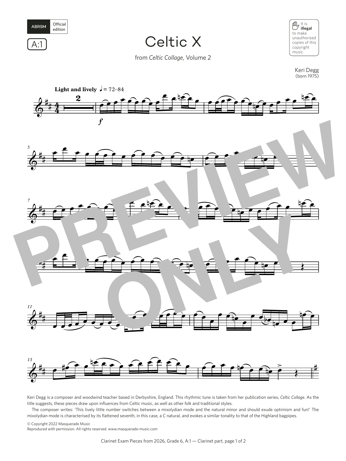 Keri Degg Celtic X (Grade 6, list A1, from the ABRSM Clarinet Syllabus from 2026) sheet music notes and chords arranged for Clarinet Solo
